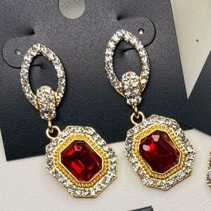 Saks Fifth Avenue Red Crystal Drop Earrings with Gold Accents 1.75 inch